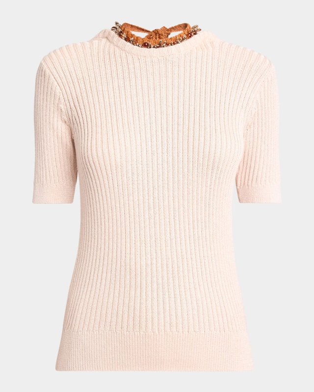 Tonia Beaded Short-Sleeve Low-Back Sweater